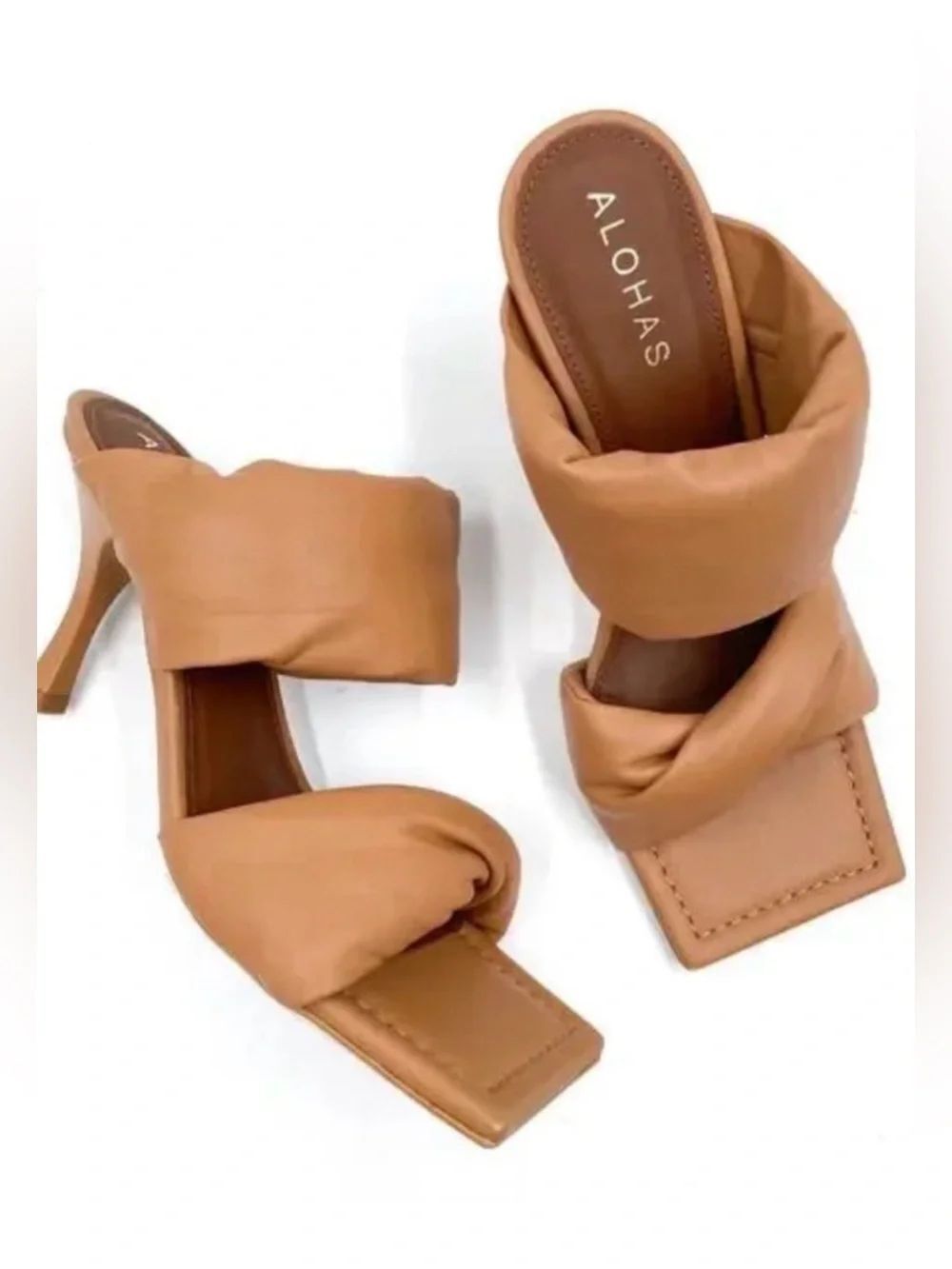 Free People Alohas Natasha Puffy Mule Heel Sandals Leather in Camel Brown